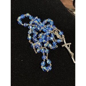 Vintage Rosary With AB Blue Glass Beads & Silver Crucifix Pendant Italy